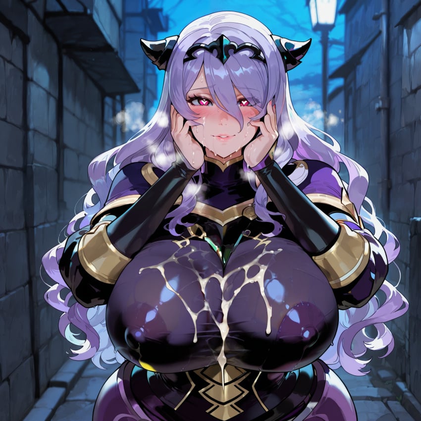 1girls absurd_res ai_generated alley alternate_breast_size blurry blurry_background bukkake camilla_(fire_emblem) comfyui covered_nipples depth_of_field excessive_cum fingernails fire_emblem fire_emblem_fates gigantic_breasts hands_on_own_face heart heart-shaped_pupils heavy_breathing highres huge_breasts in-universe_location intelligent_systems kneeling looking_at_viewer mature_female milf moonlight nail_polish narrow_waist night_sky nintendo outdoors shiny_skin skindentation solo stable_diffusion steam steaming_body sweat taut_clothes undersized_clothes upper_body video_games wide_hips xenomon yandere