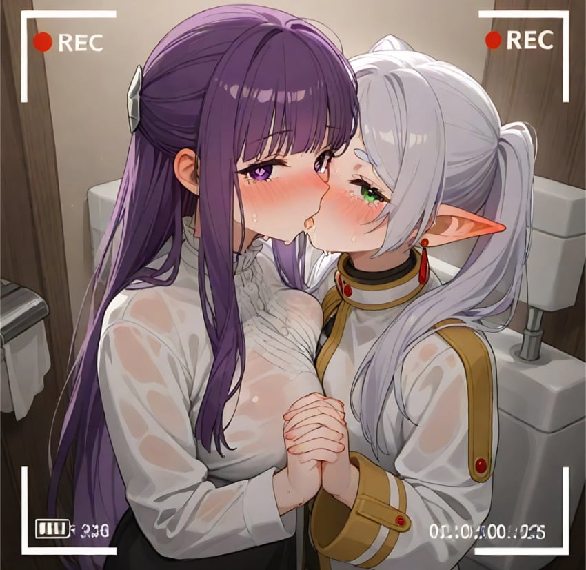 ai_generated blush breast_press drooling fern_(sousou_no_frieren) forced frieren frieren_beyond_journey&#039;s_end fully_clothed green_eyes holding_hands purple_eyes purple_hair tears white_hair yuri