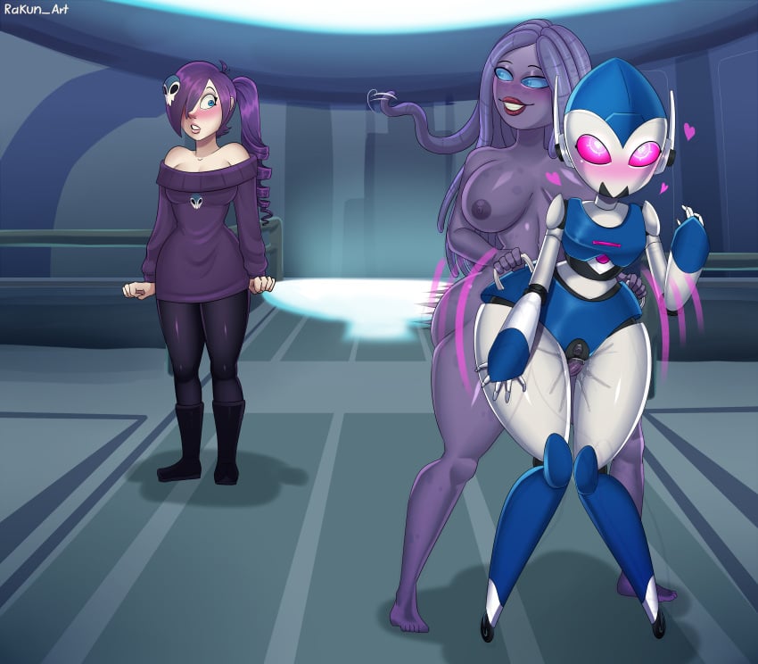 1futa 2girls anal_sex awesomenauts breasts canon_x_oc clothed clothing coco_nebulon crossover female fully_clothed futanari humanoid light-skinned_female light_skin nude rakun_art rakunart robot sex standing zone-tan zone-tron