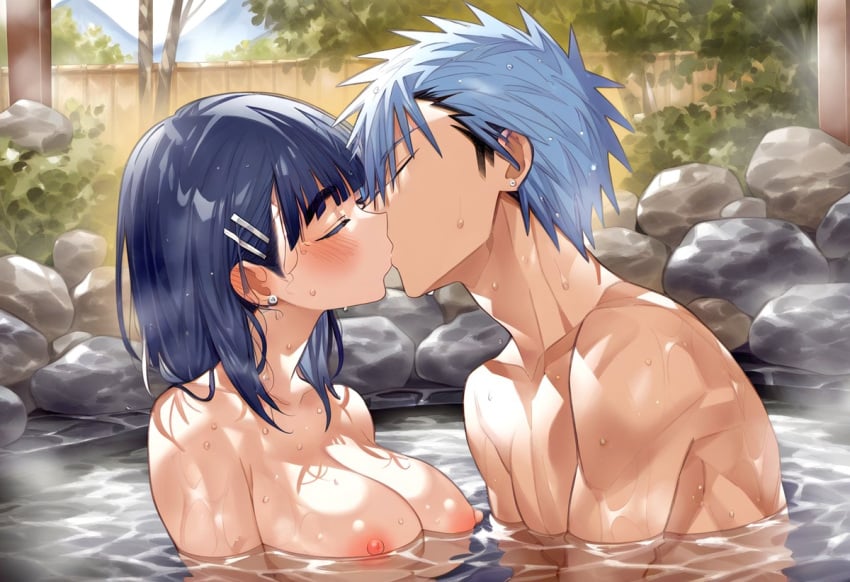 ai_generated anime babe basketball basketball_player big_breasts blue_highlights blush crossover crossover_pairing dark_blue_hair dreson earrings isekai kirigaya_suguha kissing kuroko_no_basuke kuroko_tetsuya love naked nature_background nipples novelai nude_female nude_male onsen partially_submerged passionate_kiss sexual_intercourse short_hair_female sports steam sword_art_online tree water witch young