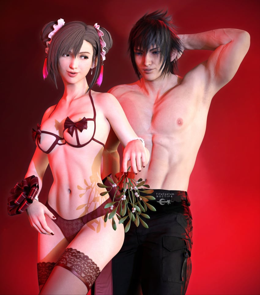 1boy 1boy1girl 1girls 3d artist_name black_hair bra christmas christmas_clothing christmas_lingerie christmas_outfit final_fantasy final_fantasy_vii final_fantasy_vii_rebirth final_fantasy_vii_remake final_fantasy_xv fit_female fit_male hair_bun hair_ornament highres lace-trimmed_thighhighs lace_trim lingerie lingerie_only long_hair mistletoe noctis_lucis_caelum older_female painted_nails panties pants patreon_username red_background red_eyes ribbon_bra shirtless_male short_hair simple_background stockings teasing thighhighs tifa_lockhart tifacaelum toned wristband younger_male