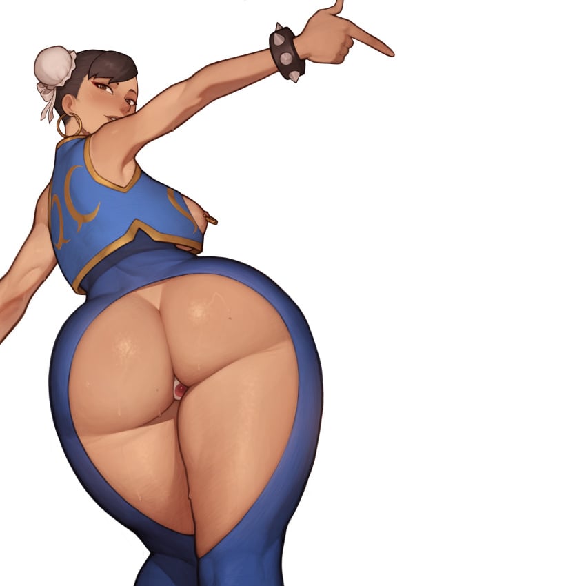 ass ass_focus asura_(artist) big_ass big_butt big_thighs breasts breasts_out chun-li chun-li_(street_fighter_alpha) dildo dildo_in_ass huge_ass huge_butt huge_thighs looking_at_viewer massive_ass massive_butt massive_thighs nipple_piercing nipples street_fighter thighs wet