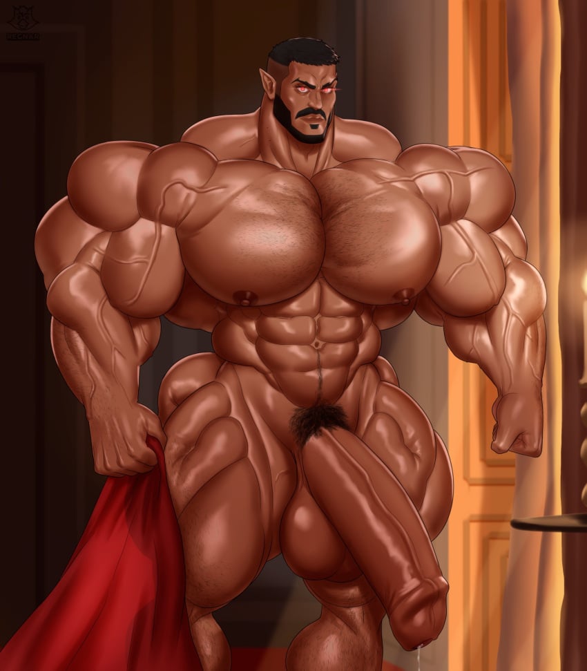 beard black_hair bodybuilder castlevania_nocturne chest_hair facial_hair furry hyper hyper_balls hyper_cock hyper_genitalia hyper_penis hyper_testicles looking_at_viewer male male_only mizrak muscles muscular muscular_arms muscular_male muscular_thighs precum red_eyes regnar vampire