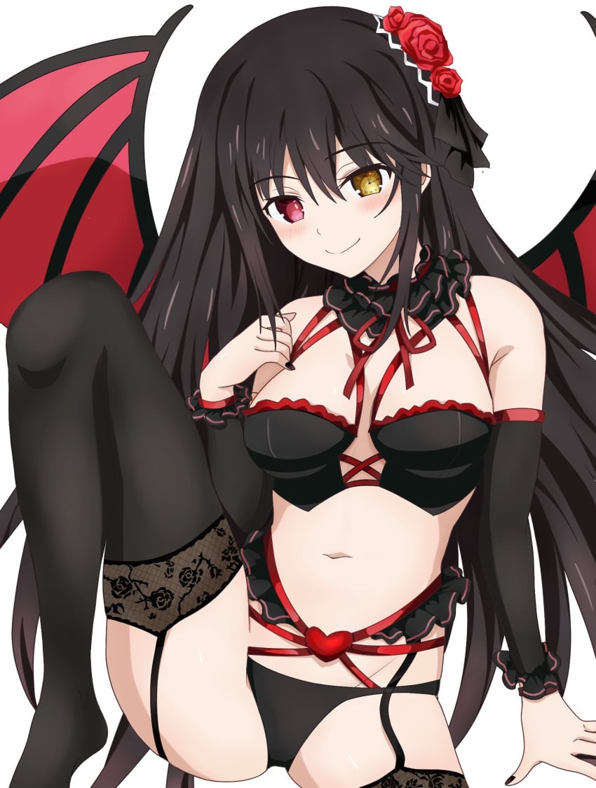 2d 2d_(artwork) belly black_hair breasts date_a_live demon demon_girl demon_wings heterochromia light-skinned_female lingerie looking_at_viewer medium_breasts red_hair shaah_nightmare solo solo_female thighs tokisaki_kurumi