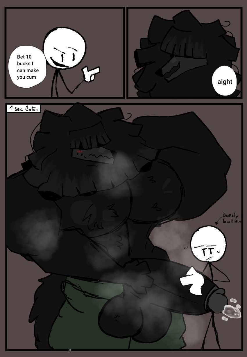 anthro barazoku big_penis bodily_fluids canid canine challenge comic cu3rvo cum diego_(cu3rvo) duo evilsnak3 genital_fluids genitals hair hi_res hidden_eyes huge_cock humor hyper hyper_genitalia hyper_penis long_hair male male/male mammal muscular muscular_anthro muscular_male musk musk_clouds penis precum simple_background solo stick_figure