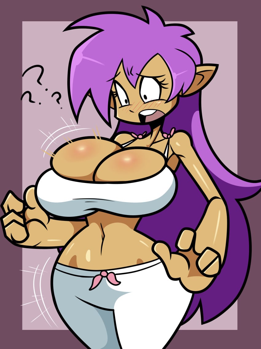 breast_expansion breasts expansion female hair_down juramg pants purple_hair shantae shantae_(character) surprised_expression tank_top thighs white_clothing