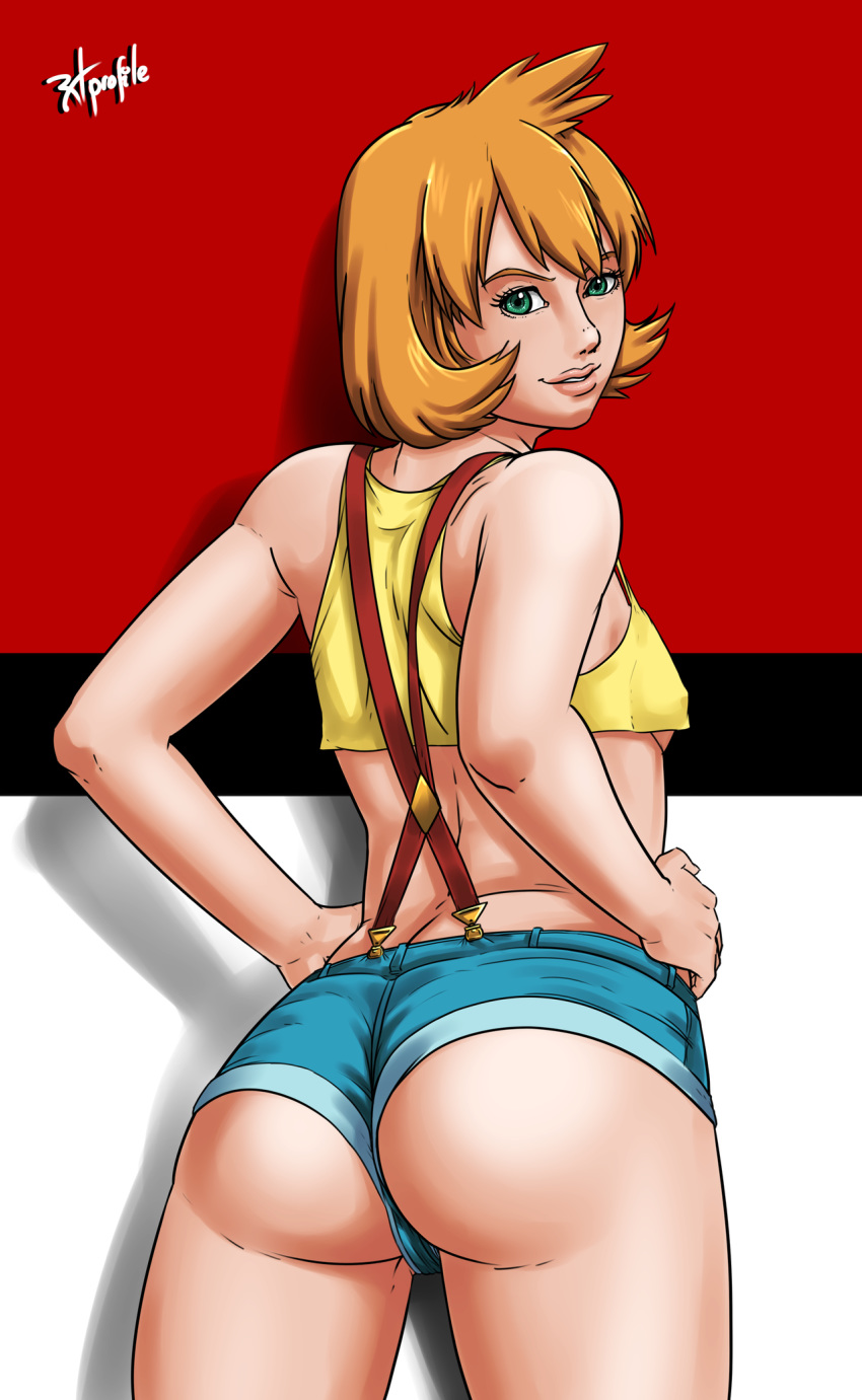 aged_up anus ass dat_ass female female_only from_behind green_eyes human human_only kasumi_(pokemon) looking_back nintendo orange_hair pokemon radprofile short_hair shorts skimpy solo tank_top underboob