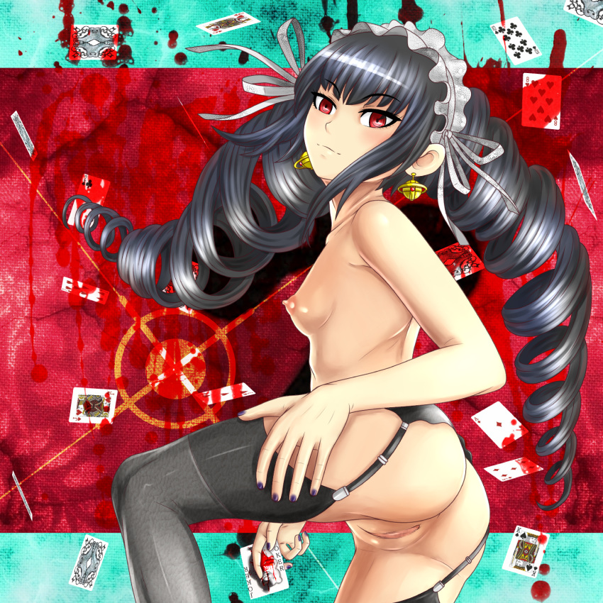 1girls black_hair celestia_ludenberg censored danganronpa drill_hair female female_only garter_belt highres human long_hair nike_(0306) nipples no_panties pussy red_eyes small_breasts solo straight_hair thighhighs topless twin_drills