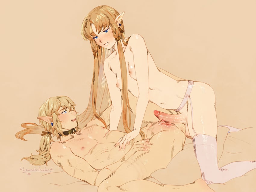 bleeding blonde_hair blood blush breasts choker clitoral_hood erection female garter_belt garter_straps imminent_penetration lavender_incubus link long_hair nipples penis pointy_ears ponytail princess_zelda pussy roarke_(lavenderincubus) scratches simple_background small_breasts smile spread_legs surgery_scars the_legend_of_zelda thighhighs top_surgery_scars trans_man trans_woman transgender very_long_hair