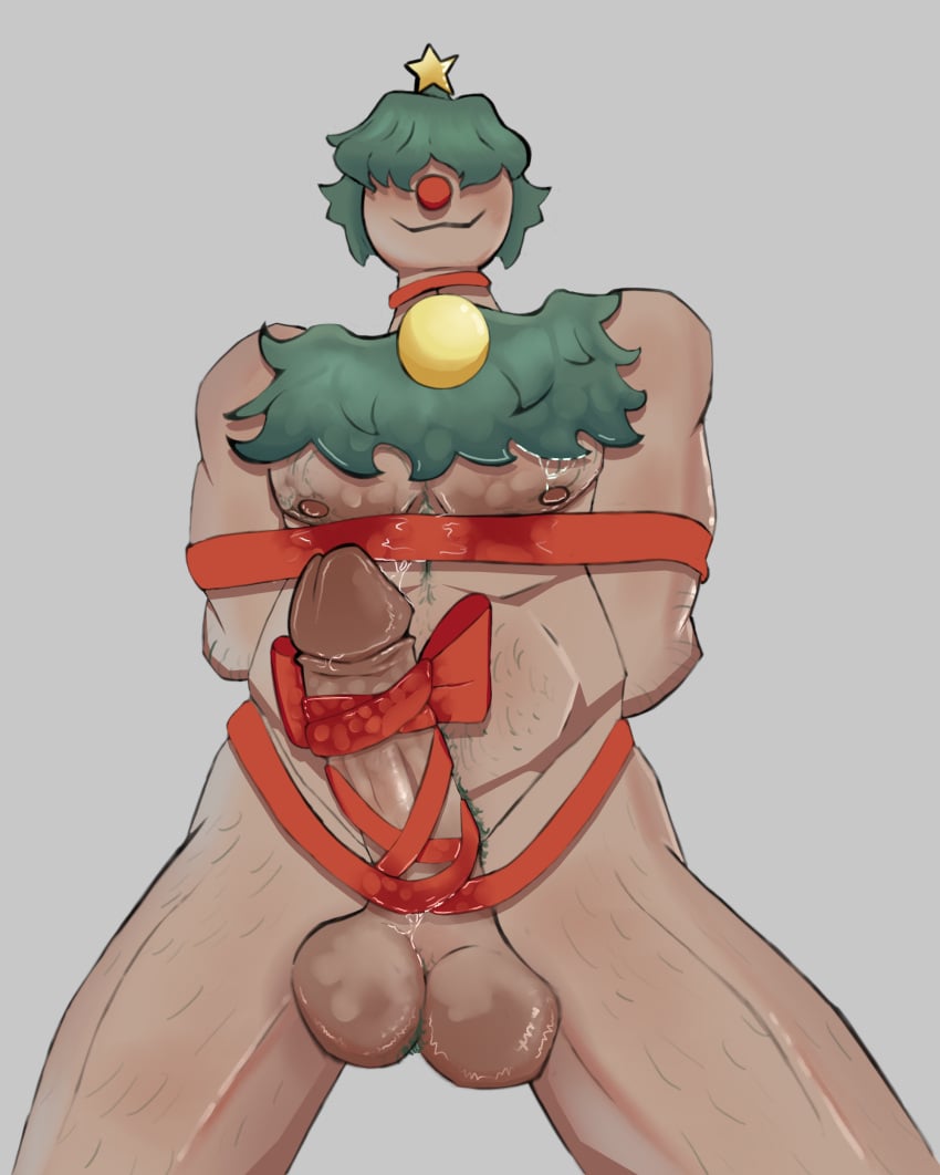 big_balls big_penis bow bow_ribbon chest_hair christmas christmas_tree explicit green_hair hard_cock hard_on huge_balls huge_cock lubricated male_focus male_only muscular_male no_background non-human oc penis precum red_ribbon rendered restrained tied_arms tied_penis tied_up toony toony_face wrapped_penis