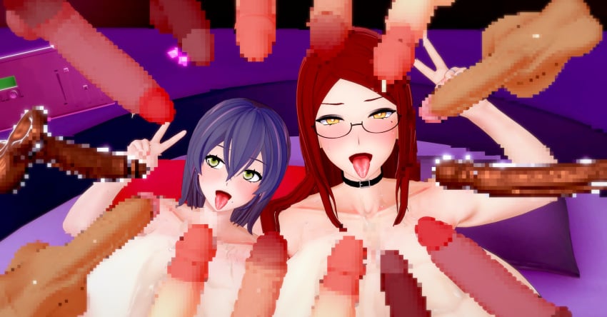 14boys 2girls 3d camtri censored_penis female green_eyes imminent_cumshot koikatsu male multiple_penises nude orgy peace_sign purple_hair red_hair tongue_out yellow_eyes