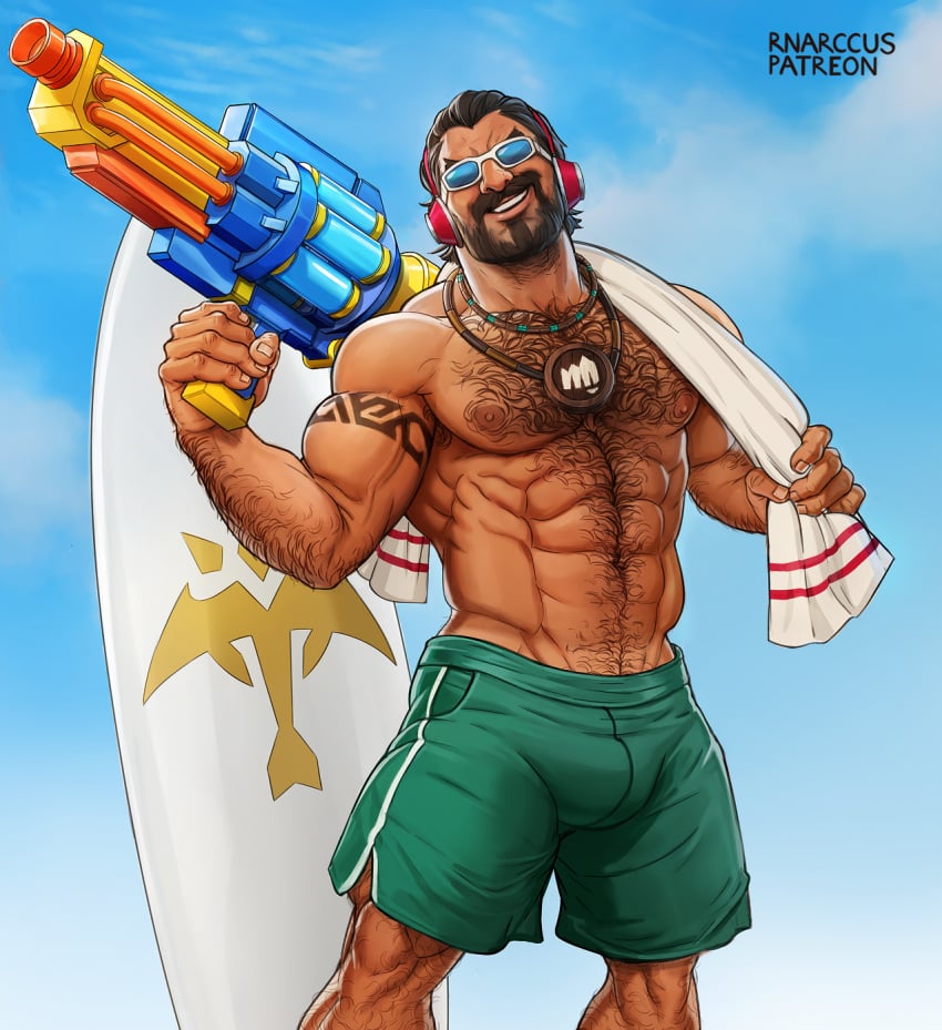 abs bara biceps bulge daddy league_of_legends malcolm_graves male male_nipples male_only manly mature_male moustache muscular_male nipples pecs pool_party_graves pool_party_series riot_games surfboard towel towel_on_shoulder