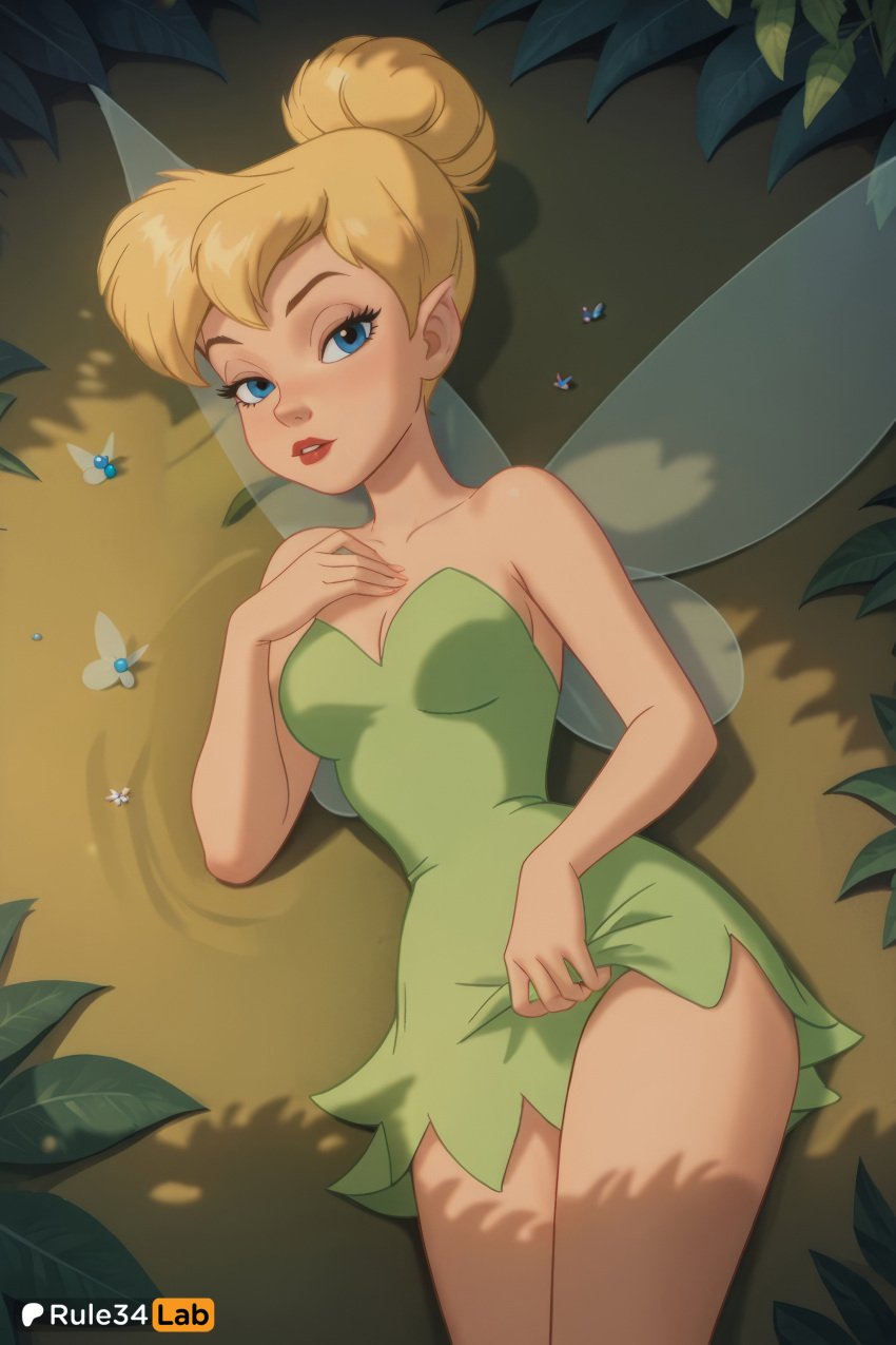 ai_generated bare_shoulders blonde_hair blue_eyes blush breasts bun cleavage collarbone disney disney_fairies dress dress_lift eyebrows eyelashes fairy green_dress hair_bun half-closed_eyes hand_on_own_chest hips laying lips looking_at_viewer narrow_waist outdoors parted_lips peter_pan peter_pan_(disney) pointy_ears red_lipstick rule34lab seductive short_dress strapless_dress thighs tinker_bell wings