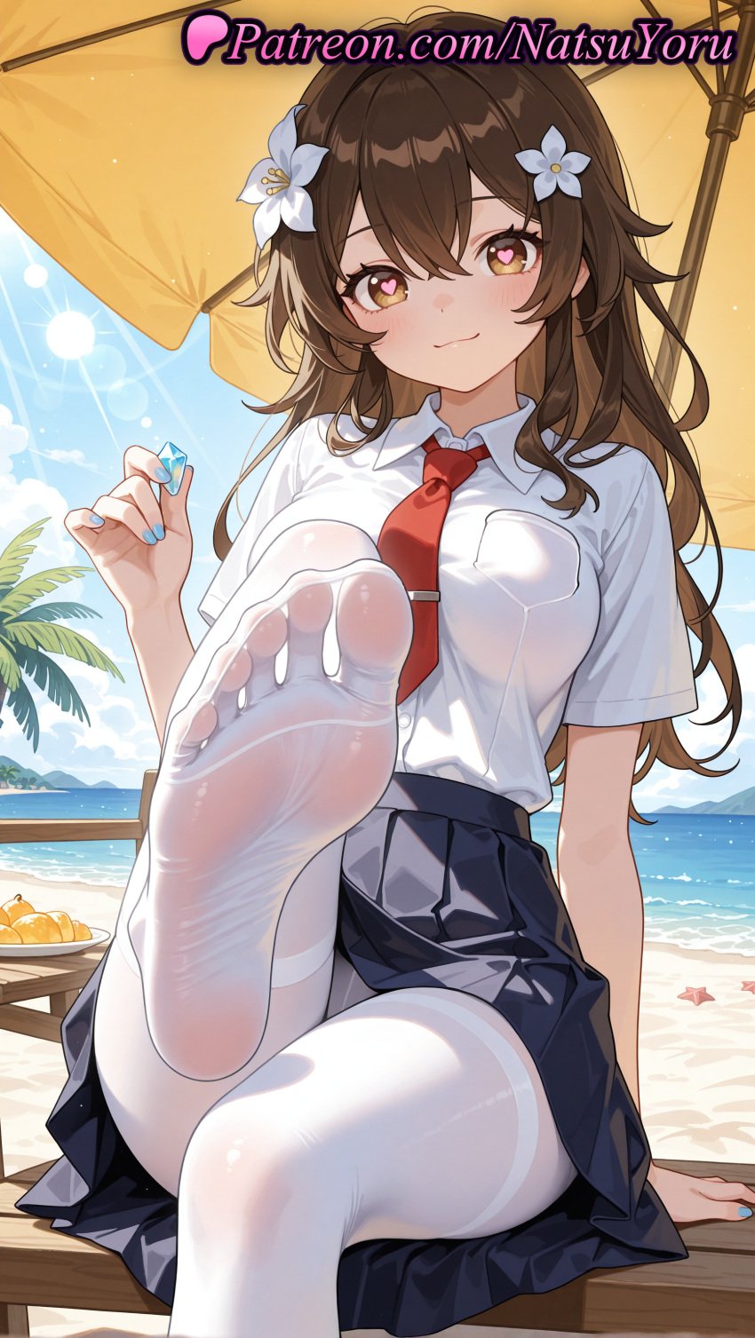 1girls :3 ai_generated anime anime_style arm_support asian bangs beach beach_umbrella black_skirt blouse blue_nails blue_skirt blush breast_pocket breasts brown_eyes brown_hair bust busty closed_mouth collared_shirt crossed_bangs day feet female female_focus female_only flower foot_fetish foot_focus foot_out_of_frame foot_up hair_between_eyes hair_flower hair_ornament heart heart-shaped_pupils hentai holding large_breasts leg_up legs long_hair looking_at_viewer nail_polish natsuyoru necktie no_shoes ocean original original_character outdoors palm_tree panties panties_under_pantyhose pantyhose pleated_skirt pocket pov_feet presenting_foot red_necktie school_uniform sheer_legwear shirt shirt_tucked_in short_sleeves sidelocks sitting skirt sky smile soles solo solo_female starfish symbol-shaped_pupils thighband_pantyhose thighs tie toes tree umbrella underwear voluptuous voluptuous_female white_flower white_pantyhose white_shirt