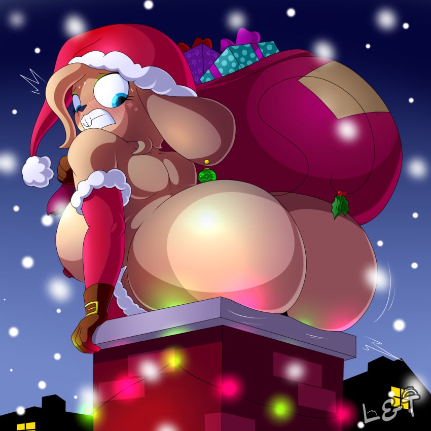 accidental_holly anthro armwear ass big_breasts big_butt blush blush_lines breasts brown_body brown_fur brown_hair bubble_butt chimney christmas christmas_clothing christmas_headwear christmas_lights clothing elbow_gloves female fur gift gloves hair handwear hat headgear headwear hi_res holidays holly_(plant) huge_butt kayla_(lechugansfw) lechugansfw legwear looking_back mammal mouse murid murine night nipples ornament plant rodent sack santa_hat shocked snow snowing solo stuck stuck_in_chimney thigh_highs