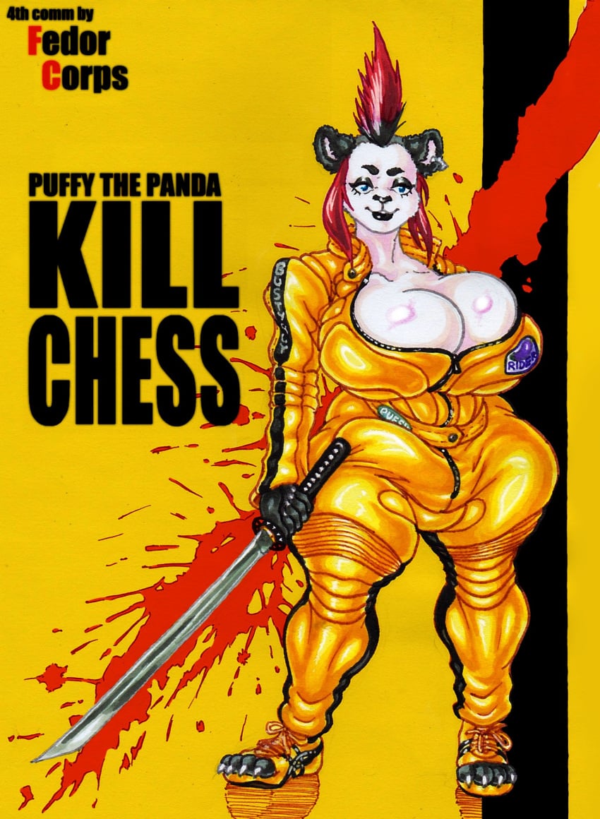 anthro bear big_breasts big_bulge blood blood_splatter bodily_fluids breasts bulge clothing cosplay ear_piercing ear_ring giant_panda gynomorph hi_res holding_melee_weapon holding_object holding_sword holding_weapon intersex jumpsuit kill_bill mammal melee_weapon mohawk penis_under_clothes piercing ring_piercing solo sword the_fedor_corpse thick_thighs weapon yellow_clothing zipper