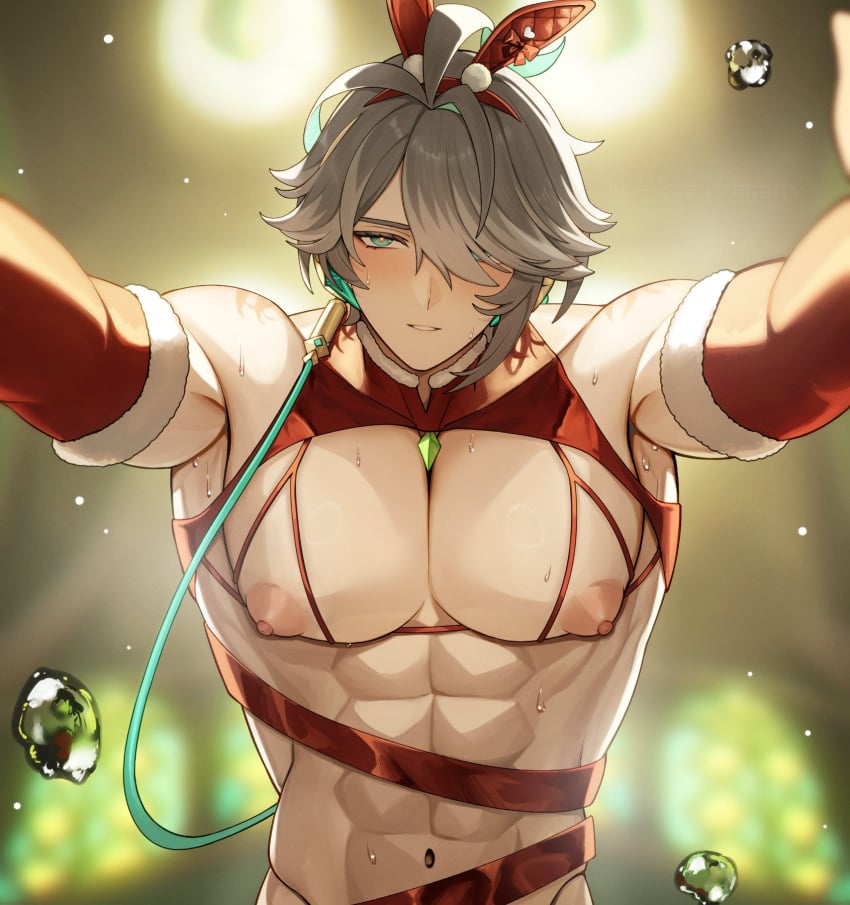 1boy abs absurd_res alhaitham_(genshin_impact) alpaitham androgynous aqua_eyes belly_button big_pecs blushing christmas christmas_outfit exposed_breasts femboy gay genshin_impact grey_hair highres lingerie male male_focus manboobs nipples pecs pinned_down red_ribbon solo solo_male sweating sweaty_armpits