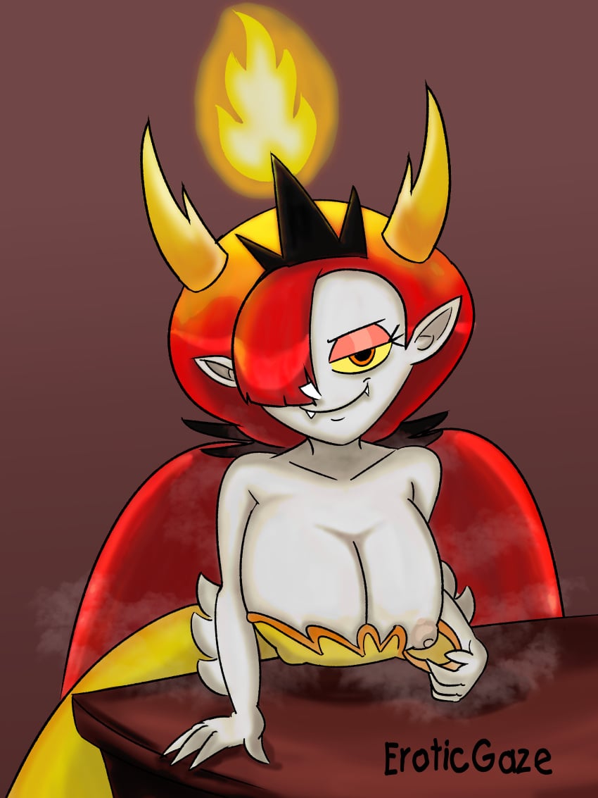 big_breasts eroticgaze hekapoo horns looking_at_viewer nipple_bulge nipple_slip nipples red_hair showing_breasts simple_background smiling_at_viewer star_vs_the_forces_of_evil