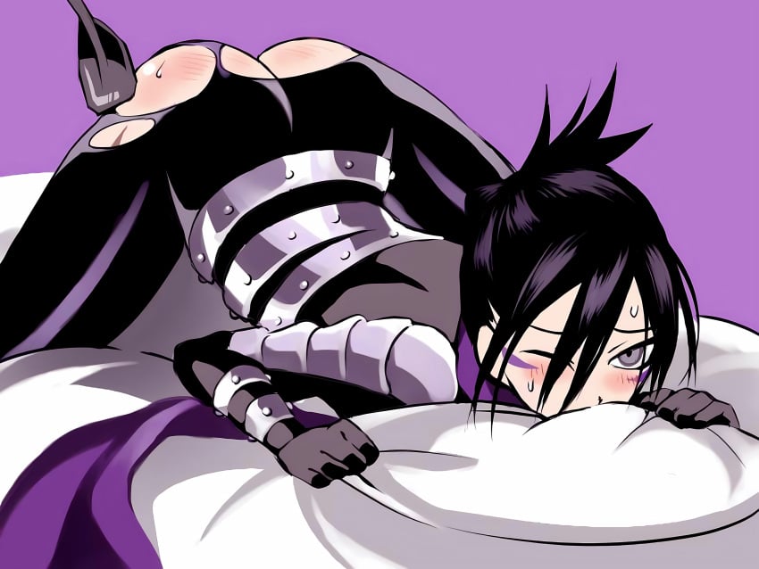 2boys ass black_bodysuit black_hair blush blush_lines bodysuit femboy highres makeup male male_focus male_only one-punch_man pale_skin purple_eyes ripped_pants scarf short_hair simple_background solo spank_marks spanked spanked_butt spanking speed-o&#039;-sound_sonic sweat sweatdrop sweating tight_bodysuit trap twink upscaled yoku_(chocolateq)