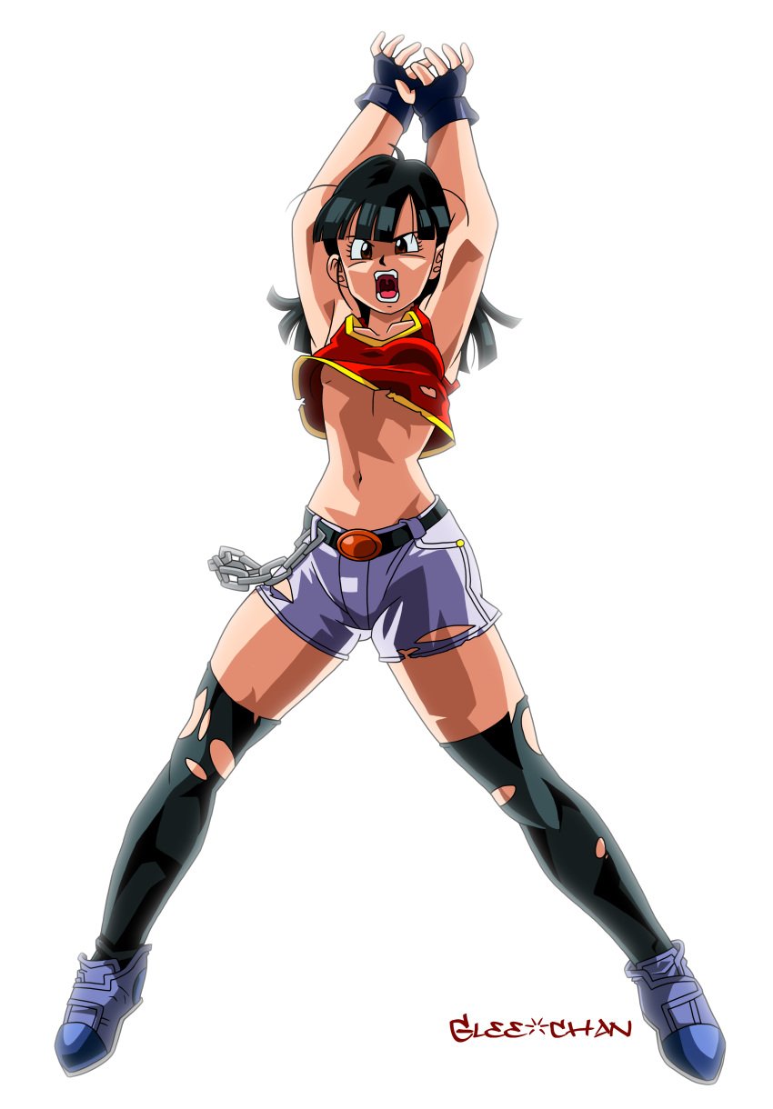 adult aged_up angry arms_up black_hair booty_shorts breasts crop_top dragon_ball dragon_ball_gt glee-chan pan_(dragon_ball) partially_nude petite revealing_clothes ripped_clothing tanned teenager thick_thighs thighhighs tight_clothing