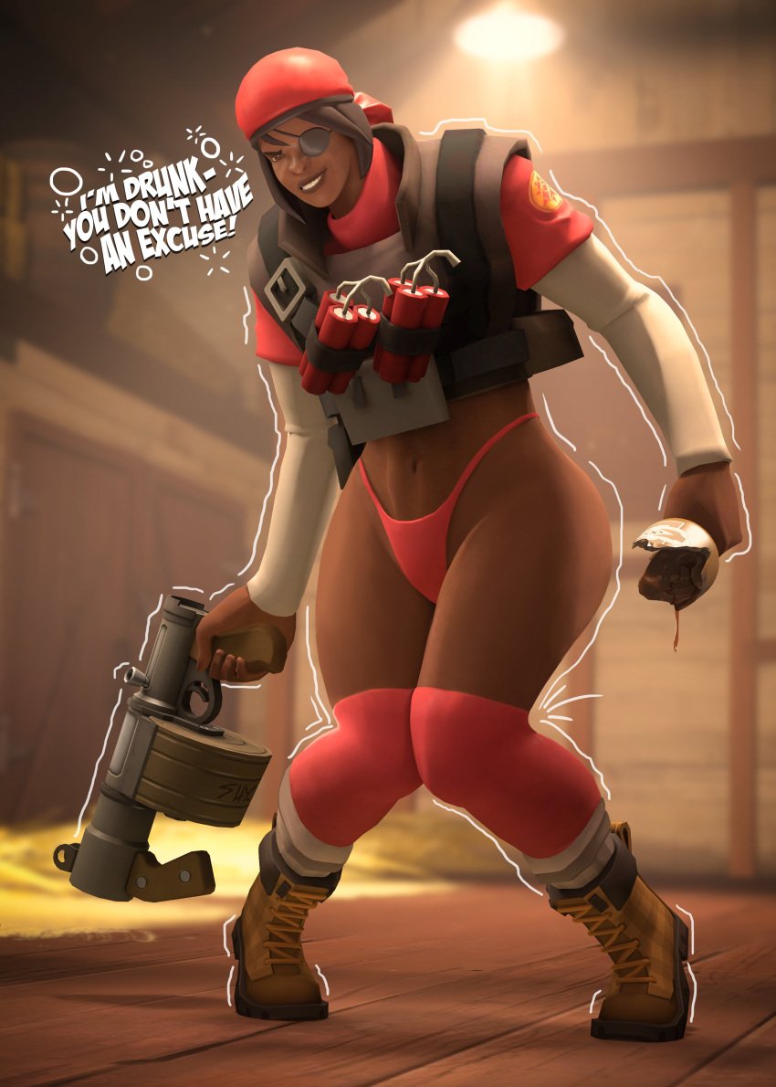 1girls armor child_bearing_hips chocolate comrade_shy crop_top dark-skinned_female dark_skin demoman demowoman dialogue drunk drunk_bubble dynamite eyepatch female female_only femdemo food genderswap_(mtf) headband motion_lines navel panties red_team_(team_fortress_2) shaking shaking_lines solo source_filmmaker tagme talking_to_viewer team_fortress_2 thick_thighs thighhighs thighs thong tnt turtleneck valve_(company) weapon wide_hips