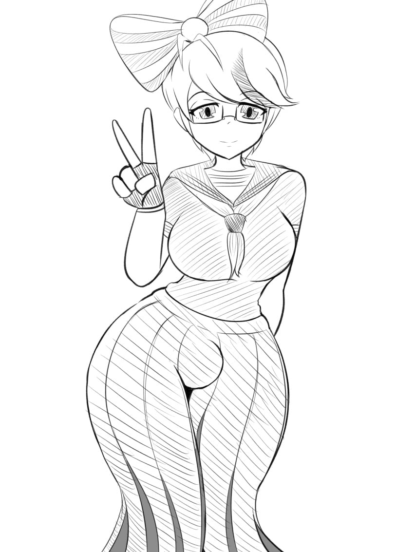 1futa bulge clothed clothing exocomics fully_clothed futa_only futanari oc peace_sign sketch skirt solo