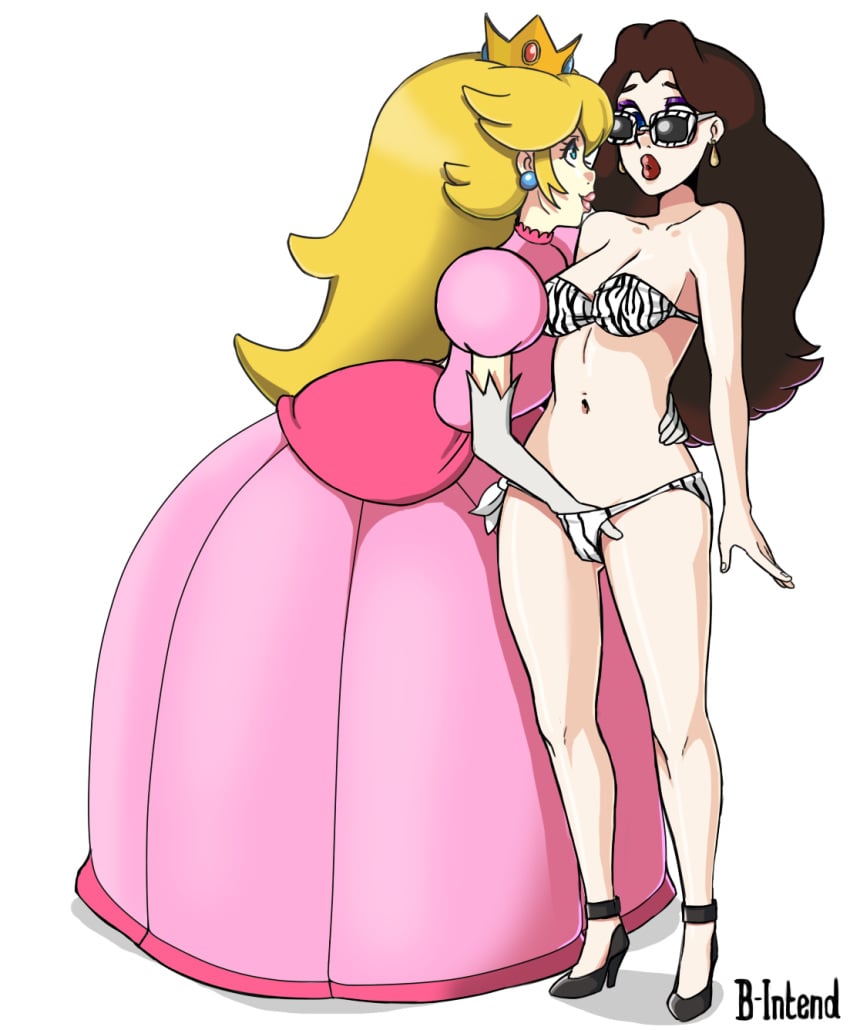 b-intend breasts dress fingering fingering_through_clothes mario_(series) nintendo pauline princess_peach sunglasses tinted_eyewear yuri zebra_print