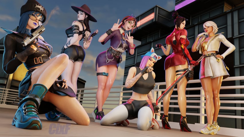 3d 6girls aphrodite_(fortnite) black_hair blue_eyes blue_hair bracelet brown_hair choker cixf cleavage demi_(fortnite) earrings epic_games eyewear female female_focus female_only fingerless_gloves fortnite fortnite:_battle_royale fully_clothed green_eyes gun hat helsie_(fortnite) hope_(fortnite) legs light-skinned_female light_skin lipstick long_hair looking_at_viewer looking_back lynx_(fortnite) multicolored_hair no_panties no_panties_under_skirt on_knees outside painted_nails peace_sign phaedra_(fortnite) pink_hair ponytail prosthetic_arm red_lipstick shiny_skin short_hair skirt standing tagme tattoo tattoos v_sign white_hair