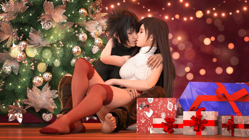 1boy 1boy1girl 1girls 3d artist_name barefoot black_hair black_turtleneck christmas christmas_decorations christmas_lights christmas_present christmas_tree earrings final_fantasy final_fantasy_vii final_fantasy_vii_rebirth final_fantasy_vii_remake final_fantasy_xv fit_female gift_box hand_behind_head hand_on_shoulder highres kissing lingerie long_hair noctis_lucis_caelum older_female overknees patreon_username red_eyes red_stockings romantic romantic_ambiance short_hair sitting_on_lap sleeveless_turtleneck stockings thighhighs tifa_lockhart tifacaelum toned turtleneck underwear white_turtleneck younger_male