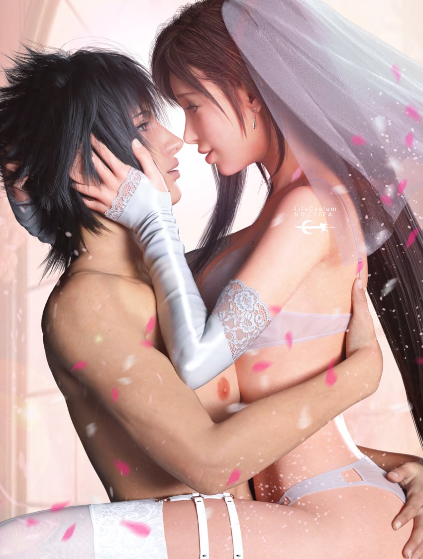 1boy 1boy1girl 1girls 3d 3d_(artwork) artist_name black_hair bridal_gauntlets bridal_gloves bridal_lingerie bridal_veil bride elbow_gloves final_fantasy final_fantasy_vii final_fantasy_vii_rebirth final_fantasy_vii_remake final_fantasy_xv fit_female gloves hand_on_ass hand_on_cheek highres holding_cheek honeymoon hug intimate lingerie lingerie_only long_hair looking_at_another naked_male noctis_lucis_caelum older_female panties patreon_username petals red_eyes romantic romantic_ambiance short_hair sitting_on_lap sitting_on_person thigh_strap thigh_straps thighhighs tifa_lockhart tifacaelum toned veil wedding_lingerie wedding_night wedding_veil white_bra white_lingerie white_panties white_underwear younger_male