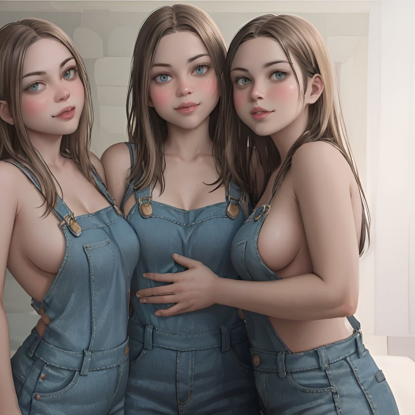 ai_generated breasts character cleavage clone clonecest clones doppelganger duplicated farmgirl glasses huge overalls threesome triplets yuri