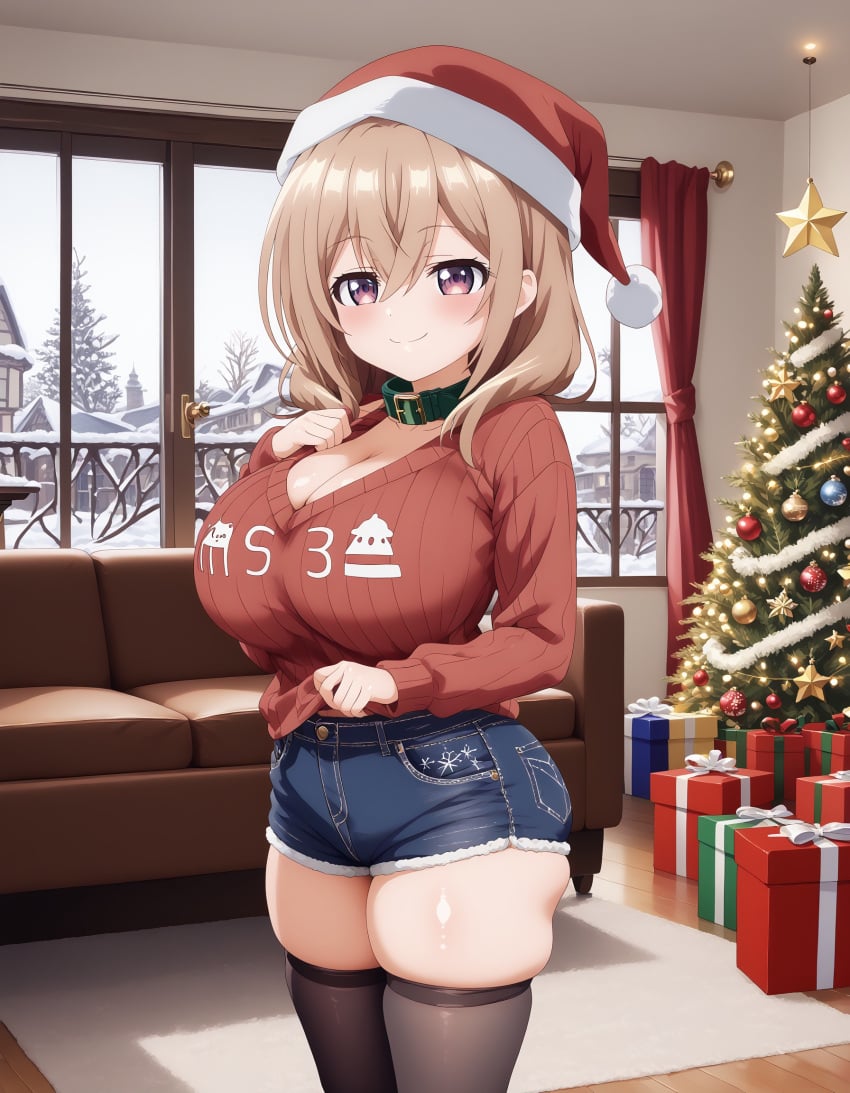 1girls ai_generated black_thighhighs blush box breasts brown_hair christmas christmas_ornaments christmas_present christmas_tree cleavage closed_mouth collar couch cutoffs denim denim_shorts gift gift_box hair_between_eyes hat huge_breasts indoors katase_shiori large_breasts long_hair long_sleeves looking_at_viewer medium_hair my_tiny_senpai purple_eyes red_headwear red_sweater santa_hat short_shorts shorts shortstack skindentation smile snow solo stable_diffusion standing sweater thighhighs thighs uchi_no_kaisha_no_chiisai_senpai_no_hanashi window