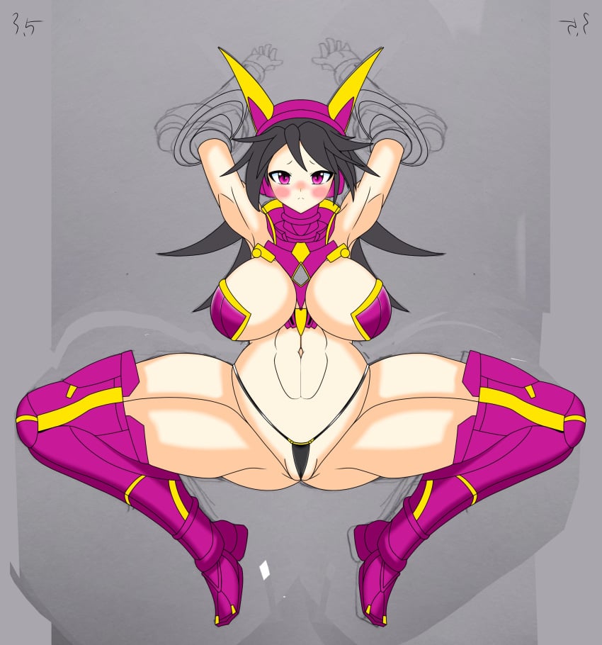 1girls armpits bikini bikini_armor black_hair blush boots breasts cameltoe collar color digital_media_(artwork) galaxy_gals gauntlets headphones high_thong inner_sideboob kuu_chaz7hu3hp5 large_breasts light_skin long_hair micro_bikini muscular muscular_female nyanko_daisensou on_back purple_eyes ready_to_fuck spread_legs submissive submissive_female teenager the_battle_cats thick_thighs thighhighs thighs thunder_thighs thundia wip