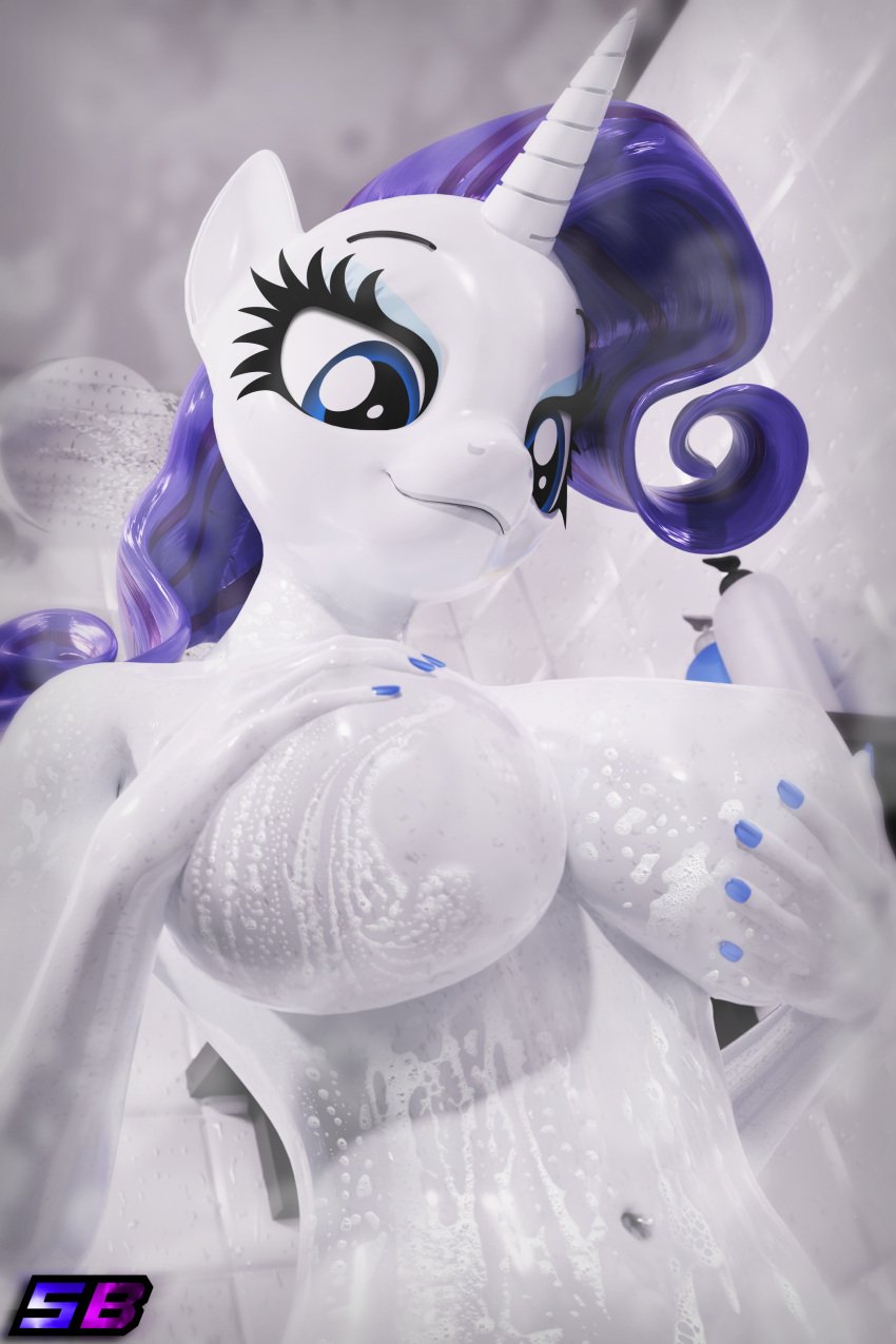 2021 2:3 3d_(artwork) absurd_res anthro bathing blue_eyes breasts digital_media_(artwork) equid equine female friendship_is_magic hair hand_on_breast hasbro hi_res horn inside mammal my_little_pony mythological_creature mythological_equine mythology navel nipples nude purple_hair rarity_(mlp) shadowboltsfm shower showering solo suds unicorn water white_body