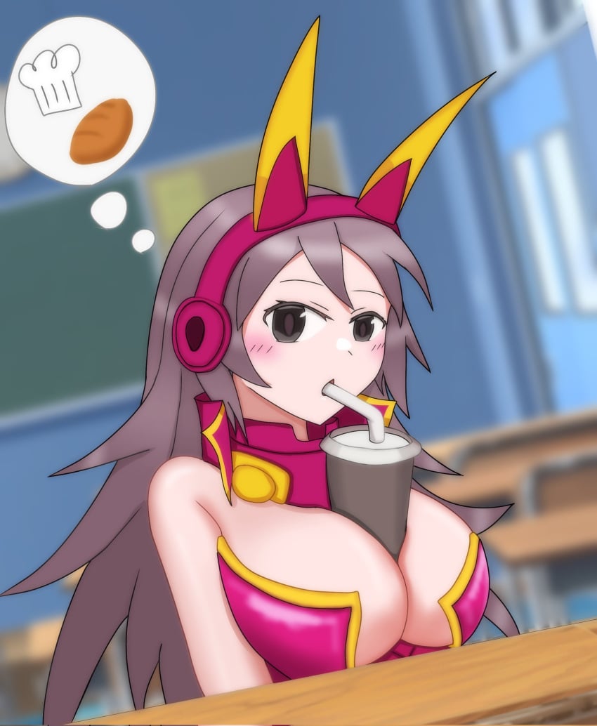 1girls bikini bikini_armor blush breasts bubble_tea_challenge classroom collar color desk digital_media_(artwork) galaxy_gals grey_eyes grey_hair headphones large_breasts light_skin long_hair looking_at_viewer nyanko_daisensou sipping sitting straw teenager the_battle_cats thinking_about_sex thundia waist_up zki