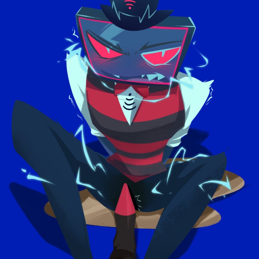 alastor_(hazbin_hotel) bowtie clothed demon demon_boy electricity feet footwear for_a_head gay hazbin_hotel humanoid male male/male male_only object_head red_sclera spread_legs stepped_on tv_head vox_(hazbin_hotel)