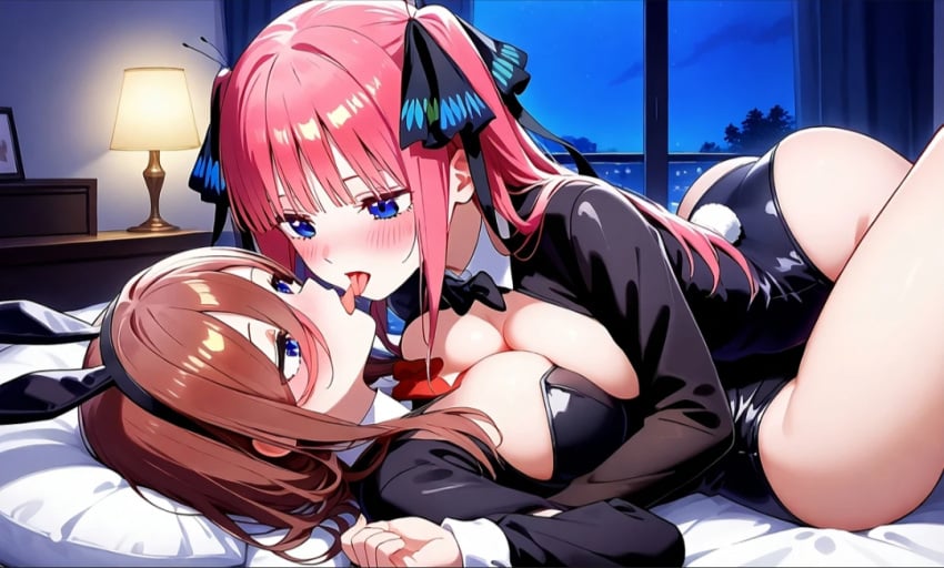 ai_generated blue_eyes blush breast_press bunny_ears bunny_girl bunnysuit cleavage french_kiss go-toubun_no_hanayome hotel_room incest kissing large_breasts lying_on_bed making_out nakano_miku nakano_nino open_mouth red_hair sisters tongue tongue_kiss yuri