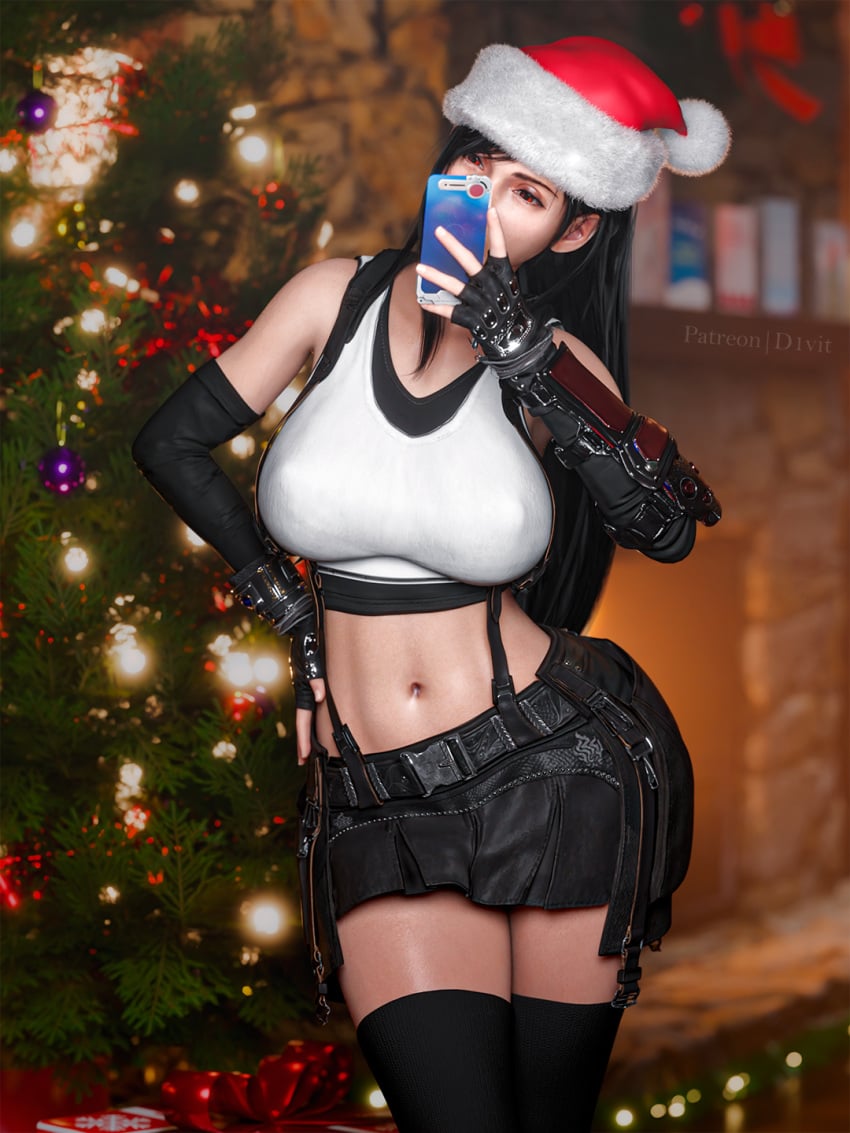 breasts christmas d1vit final_fantasy_vii final_fantasy_vii_remake phone selfie selfie_pose tifa_lockhart