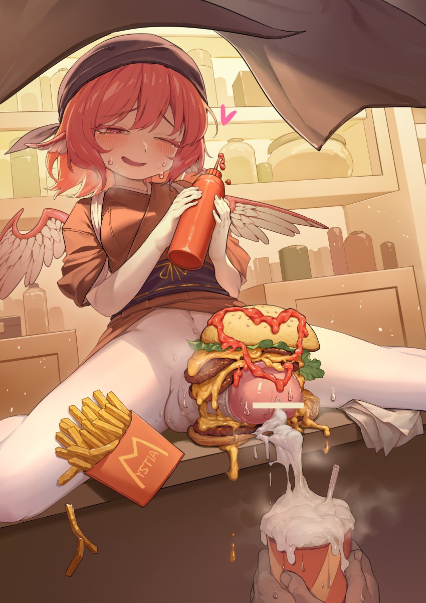 1futa absurdres animal_ears bar_censor bird_ears bottle bottomless burger censored clothed clothing cum cum_in_container cum_in_cup cup drinking_straw erection feathered_wings female food food_on_body food_on_penis french_fries futa_only futanari heart highres holding holding_bottle holding_cup ketchup ketchup_bottle large_penis mystia_lorelei on_table one_eye_closed open_mouth partially_clothed penis red_hair short_sleeves sitting smile solo table testicles touhou wings yazato_ichimushi