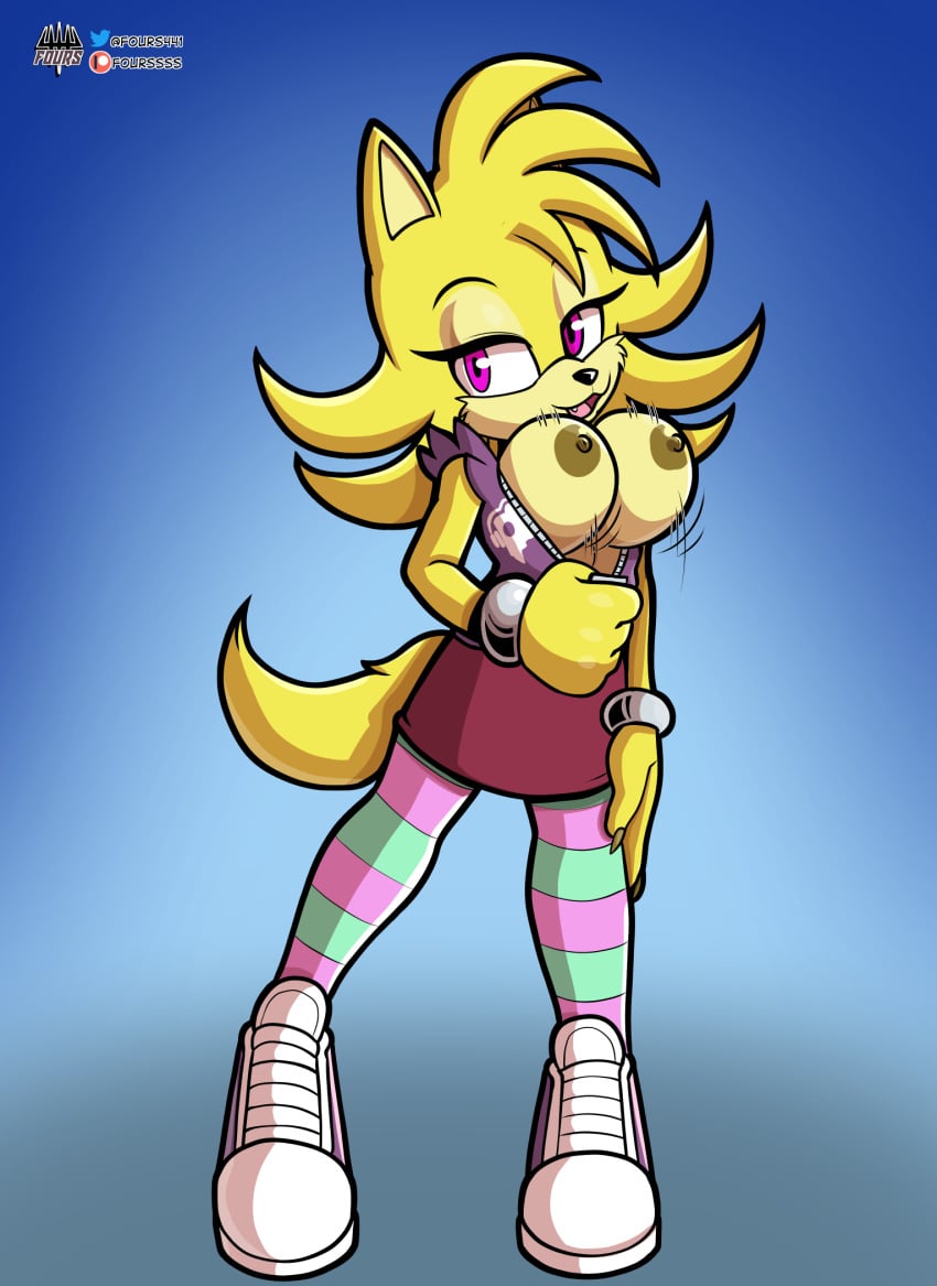 anthro bouncing_breasts breasts canid canine canis clothed clothing ellie_the_wolf fan_character female footwear fours_(artist) hi_res legwear mammal nipples pattern_clothing pattern_footwear pattern_legwear pattern_socks purple_eyes sega shoes socks solo sonic_(series) sonic_the_hedgehog_(series) striped_clothing striped_footwear striped_socks stripes unzipping_jacket wolf wristband yellow_body