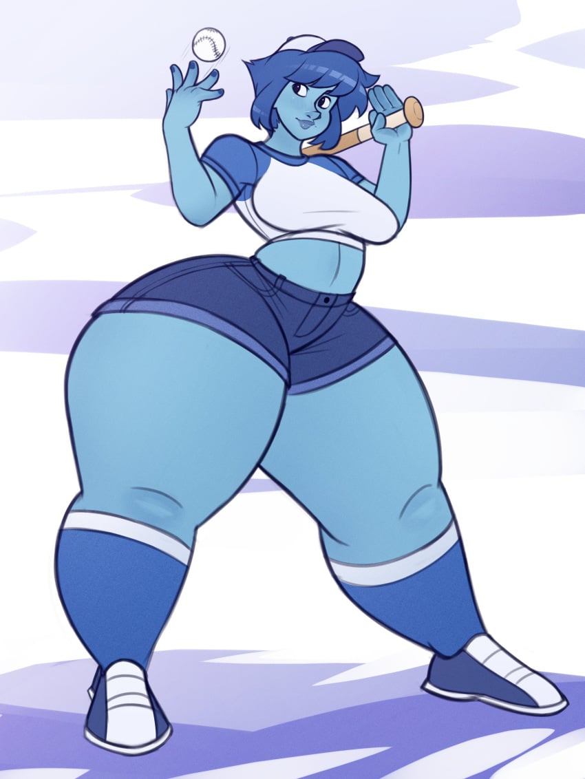 1girls baseball baseball_(ball) baseball_cap blue_hair blue_skin bottom_heavy crop_top huge_ass lapis_lazuli_(steven_universe) large_breasts midriff nectardreamz short_hair short_shorts simple_background socks solo standing steven_universe thick_thighs wide_hips