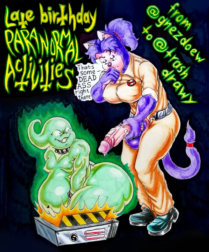 absurd_res anthro ass balls big_breasts big_butt big_penis breasts chuchu_(catnapped) collar cosplay dialogue domestic_cat duo felid feline felis fur genitals ghost ghostbusters gu_(character) gynomorph hi_res intersex male mammal masturbation nipple_outline nipples overweight overweight_male penis proton_pack purple_body purple_fur spirit the_fedor_corpse thick_thighs unzipped unzipped_pants vein veiny_penis zipper