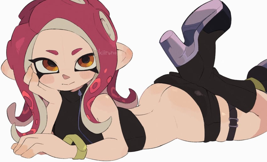 agent_8_(splatoon) blush boots bracelet butt_crack cute female head_on_hand kiirono kneehigh_boots kneehighs looking_at_viewer lying_on_stomach miniskirt nintendo octoling octoling_girl pink_hair seductive_pose skirt_down sleeveless_shirt splatoon splatoon_(series) splatoon_2 splatoon_2:_octo_expansion tentacle_hair thigh_strap woman yellow_eyes