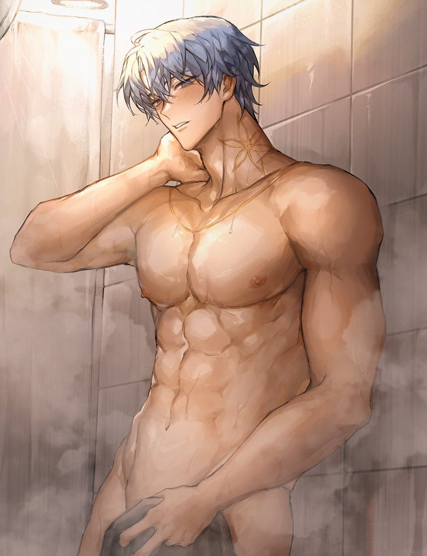 abs blush blushing honkai:_star_rail honkai_(series) jewelry looking_at_viewer male_focus muscles muscular_male phainon_(honkai:_star_rail) shower solo_focus solo_male steam sweat tappe tattoo towel