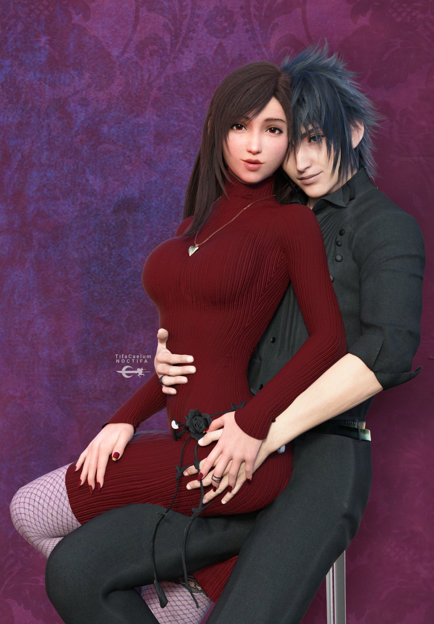 1boy 1boy1girl 1girls 3d artist_name black_hair black_shirt button_down_shirt clothed couple dress final_fantasy final_fantasy_vii final_fantasy_vii_rebirth final_fantasy_vii_remake final_fantasy_xv fishnet_legwear fishnet_pantyhose fishnets fit_female formal_wear highres jewelry long_hair looking_at_viewer necklace noctis_lucis_caelum older_female patreon_username posing posing_for_picture red_dress red_eyes short_hair simple_background tifa_lockhart tifacaelum tight_dress toned turtleneck turtleneck_dress younger_male