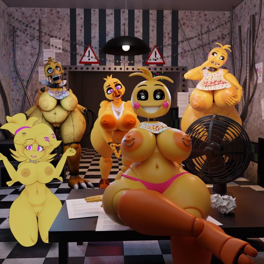 3d 5girls arkeador big_breasts breasts_out chiku desk fap_nights_at_frenni&#039;s five_nights_at_freddy&#039;s fnaf fredina&#039;s_nightclub grabbing_own_breast looking_at_viewer nipple_piercing nipples smile smiley_face smiling smiling_at_viewer tagme toy_chica_(fnaf) toy_chica_(love_taste)