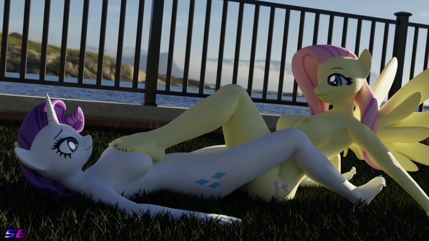 16:9 3d 4k 5_toes absurd_res anthro breast_squish breasts cutie_mark digital_media_(artwork) duo equid equine feet female female/female fence fluttershy_(mlp) foot_on_breast friendship_is_magic hasbro hi_res horn humanoid_feet lying mammal my_little_pony mythological_creature mythological_equine mythology nipples nude on_back pegasus plantigrade rarity_(mlp) shadowboltsfm squish toes unicorn widescreen wings