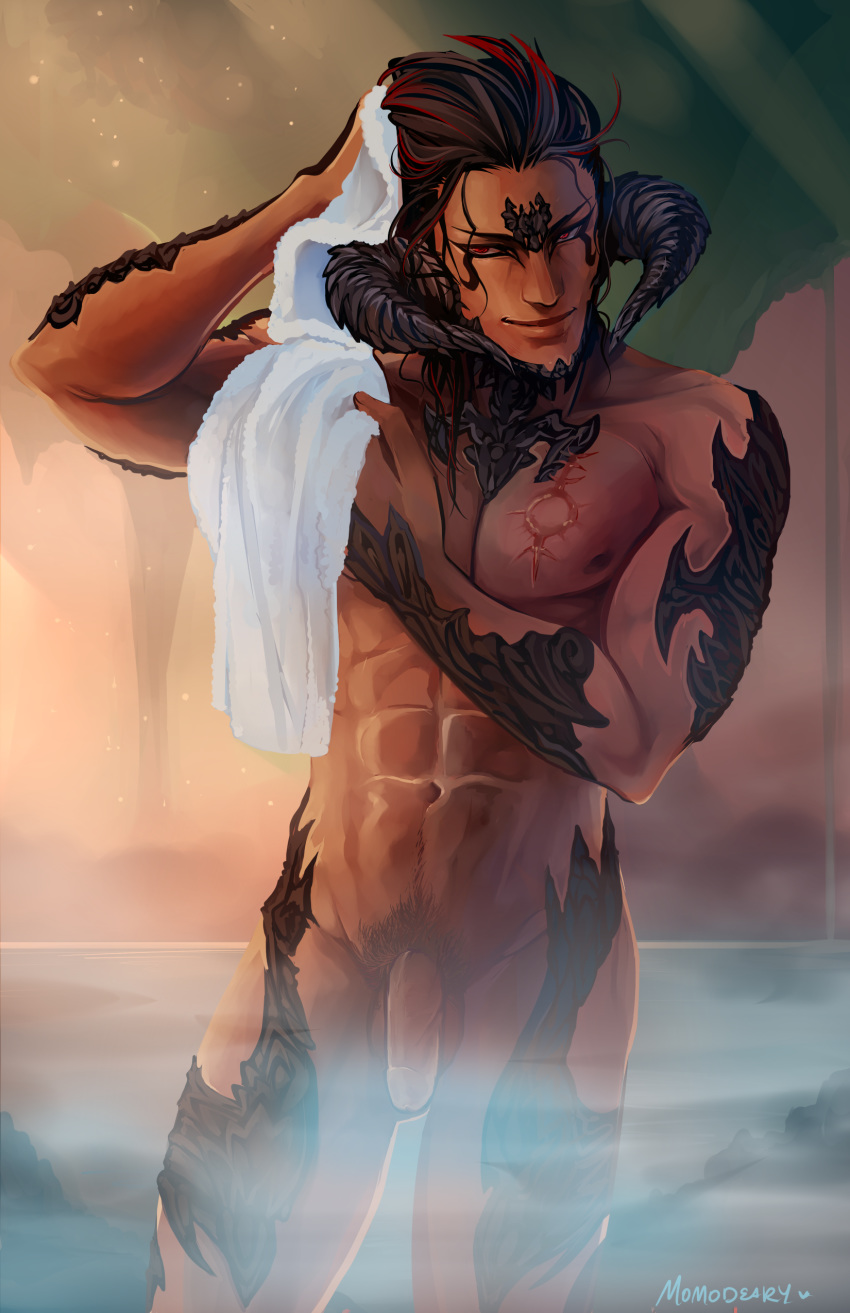 abs au_ra black_hair branding_mark dragon_boy dragon_horns drying facial_mark final_fantasy final_fantasy_xiv highres horns male male_only momo-deary momodeary navel nipples nude onsen outdoors penis pubic_hair red_eyes red_hair scales scar smile solo_male steam towel two_tone_hair xaela