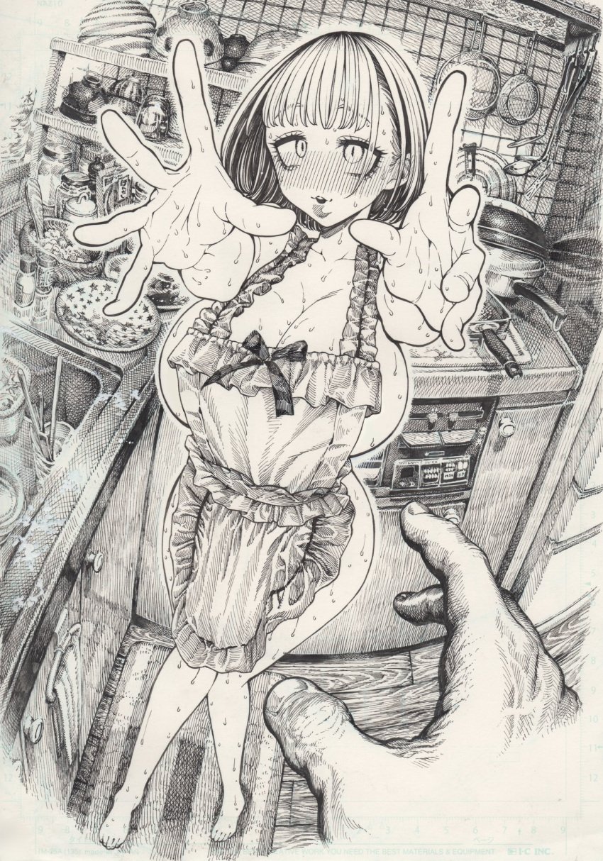 apron bangs barefoot blunt_bangs blush breasts cleavage covered_nipples female fingernails fisheye frying_pan greyscale hatching_(texture) hirune_(imomonono) huge_breasts indoors kitchen_knife large_breasts looking_at_viewer monochrome naked_apron open_mouth outstretched_arms parted_lips pov pov_hands reaching_towards_viewer short_hair sink solo_focus standing stove sweat sweatdrop traditional_media traditional_media_(artwork)