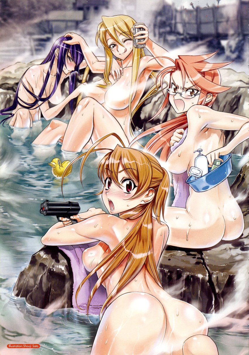 4girls :q angry antenna_hair ass bath beer bent_over blonde_hair blush breast_press breasts brown_eyes brown_hair can censored convenient_censoring cute_fang female female_only from_behind glasses gun hand_on_head highres highschool_of_the_dead hotd inazuma large_breasts long_hair looking_back multiple_girls nude official_art onsen open_mouth pink_hair purple_hair rei_miyamoto rubber_duck saeko_busujima satou_shouji saya_takagi scan shizuka_marikawa sideboob sitting steam surprised tongue towel water weapon wet wink